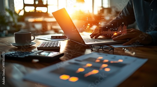 Analyzing Trade Receivables for Secure Payments - Business Professional Reviewing Financial Documents on Laptop in Modern Office