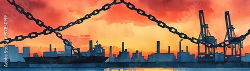 Trade embargo symbolized by chainedup goods, industrial sunset, Watercolor style photo