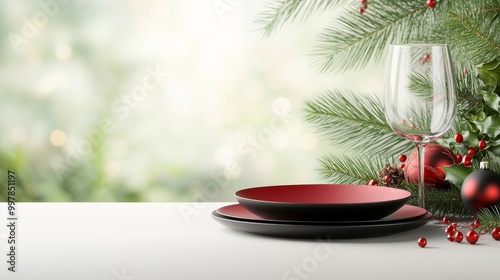 Festive table setting with red plates, glass, and pine branches, perfect for holiday celebrations and dining ambiance.