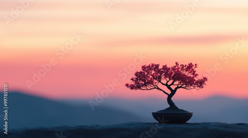 A picturesque scene where a bonsai tree stands in the foreground, with an awe-inspiring sunset backdrop characterized by soft oranges and vivid stars, creating an atmosphere of serenity and wonder. photo