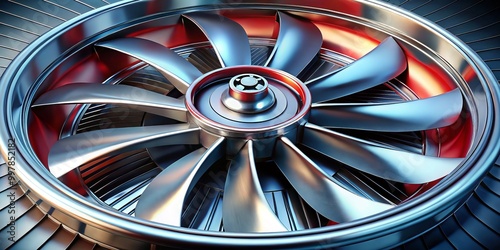 High-performance turbo fan designed for automotive use, featuring a shiny metal finish and sleek blades to enhance