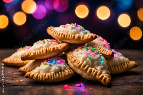 Fresh homemade sweet gujiya with colourful tutti frutti and background bokeh lights photo