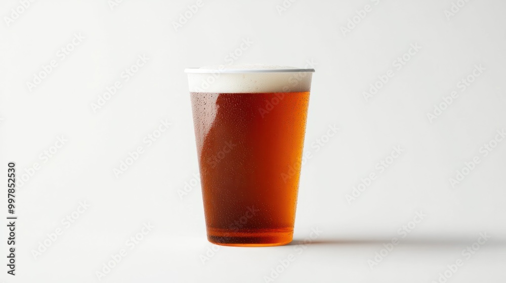 Front view of draught beer in plastic disposable cup isolated on white Front view of draught beer in plastic disposable cup isolated on white