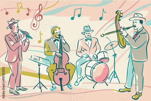 Vintage Jazz Band Performance Illustration with Musicians