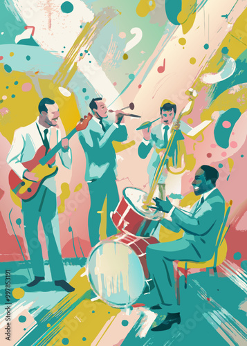 Vibrant Jazz Band Performance Artwork with Abstract Elements