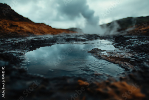 A close-up of a bubbling geothermal mud pool, with steam rising in a dramatic volcanic landscape.