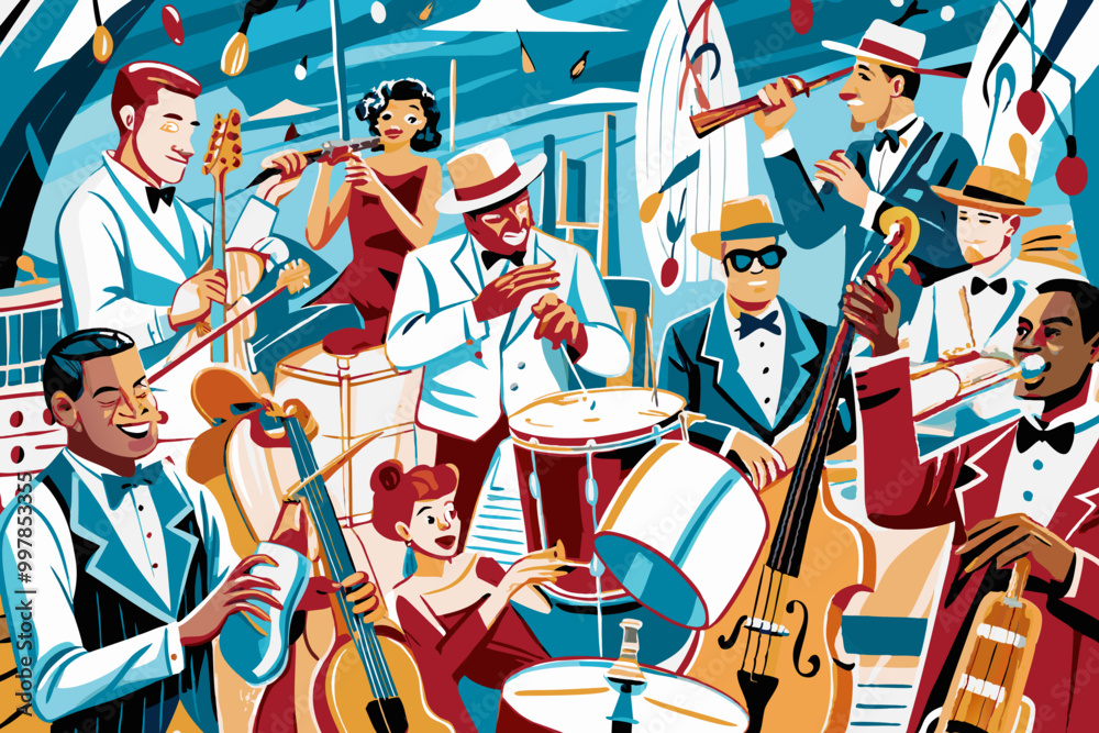 Vintage Jazz Band Performance Illustration in Vibrant Colors