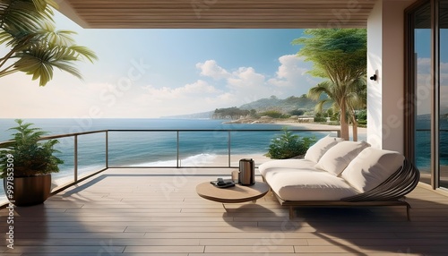 Sea views from the expansive windows of the terrace. Beachfront accommodation with a black balcony. contemporary interior des.ign studio mockup