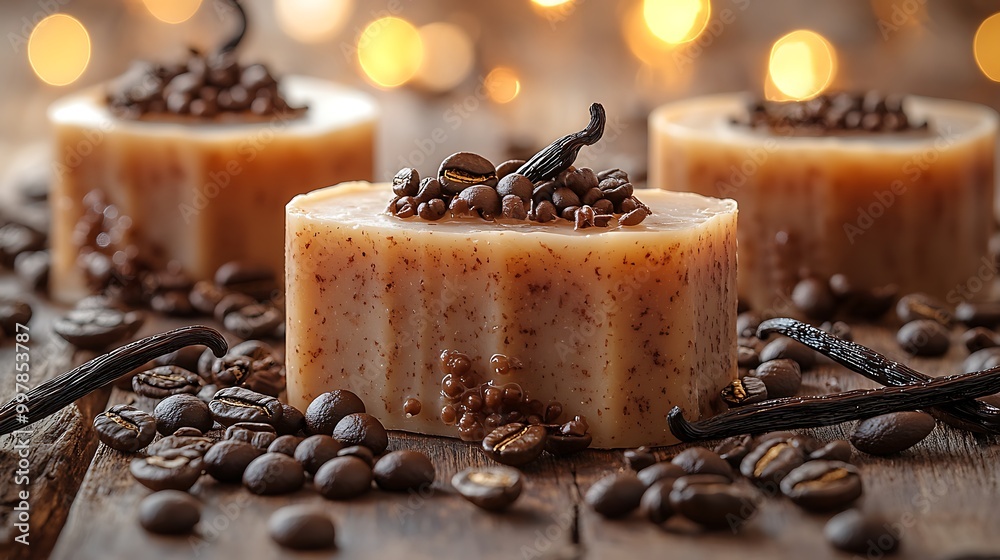 A smooth coffee and vanilla bean soap bar, surrounded by whole coffee beans and vanilla pods, warm soft lighting highlighting the texture of the soap, A smooth coffee and vanilla bean soap bar, surrounded by whole coffee beans and vanilla pods, warm soft lighting highlighting the texture of the soap,
