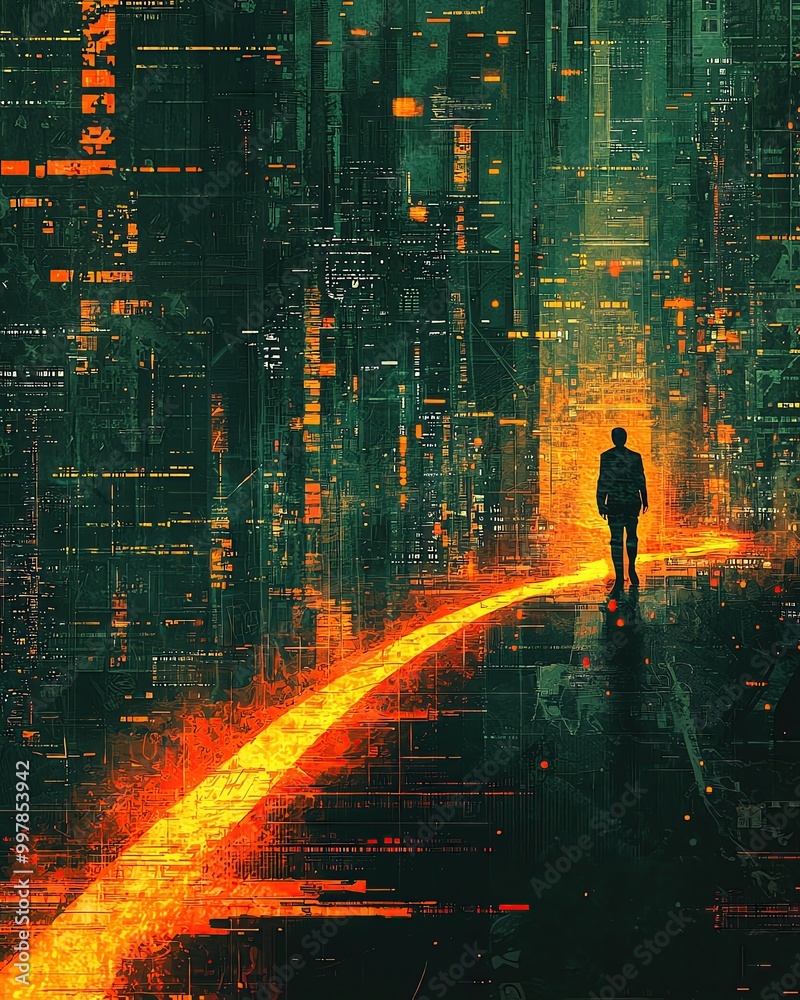 nature soul harmonize A solitary figure walks down a glowing path through a futuristic, digital landscape filled with abstract data patterns. nature soul harmonize A solitary figure walks down a glowing path through a futuristic, digital landscape filled with abstract data patterns.