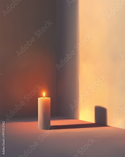 nature soul harmonize A tranquil candle casting a warm glow and soft shadows, creating a serene atmosphere in a minimalist setting. photo