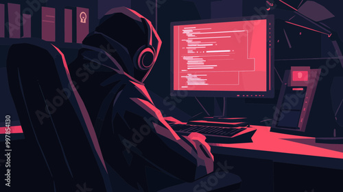 Hacker Stealing Sensitive Data On Computer - Concept Hacking, Cybersecurity Threat, Personal Information Theft, Internet Security Breach, Digital Crime Illustration