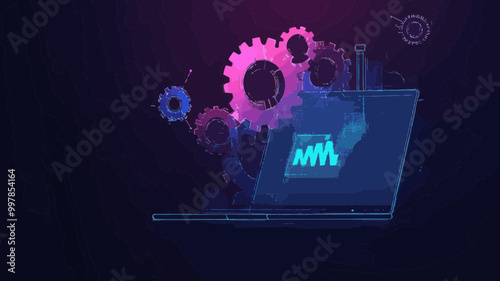 Low Poly Gearing on Laptop Screen Flat Minimalist SVG Vector for Technology Concept Visualization in Digital Engineering and Modern Business