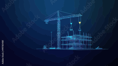 High-Tech Building Construction Site Concept with Tower Crane and Modern Equipment in Low Poly Wireframe Vector Illustration