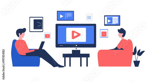 Vector Illustration of People Watching Streaming Media on Television and Laptop, Conceptualizing Modern Digital Entertainment and Content Consumption