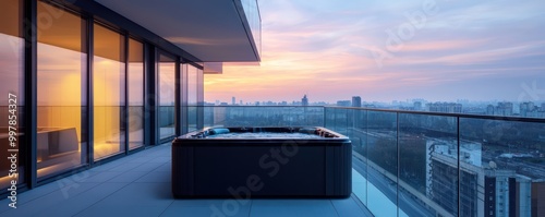 A modern minimalist balcony with a glass railing, featuring a sleek black hot tub and panoramic views of the urban landscape at dusk photo