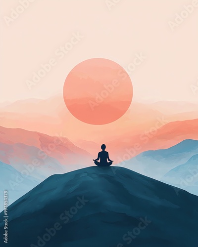 nature soul harmonize A serene sunset view with a figure meditating atop a hill, surrounded by tranquil mountains and calming colors. photo