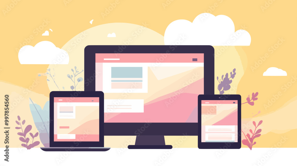 Responsive Web Design Concept with Desktop, Tablet, and Mobile Devices Showing Consistent Interface, Modern Flat Illustration Responsive Web Design Concept with Desktop, Tablet, and Mobile Devices Showing Consistent Interface, Modern Flat Illustration