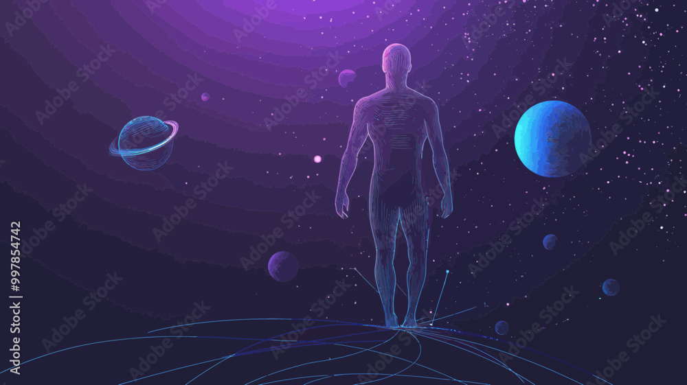 Human Figure in Starry Sky with Planets, Space Universe Vector Wireframe, Blue Purple Minimalist Design Human Figure in Starry Sky with Planets, Space Universe Vector Wireframe, Blue Purple Minimalist Design