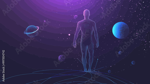 Human Figure in Starry Sky with Planets, Space Universe Vector Wireframe, Blue Purple Minimalist Design