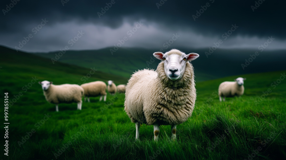 Obraz premium A herd of Icelandic sheep grazing on a green hillside, with dramatic clouds overhead.