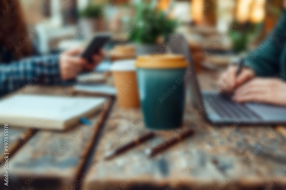 Business Essentials, Laptops, Pens, Notebooks, and Coffee Cups in a Blurred Meeting Setting