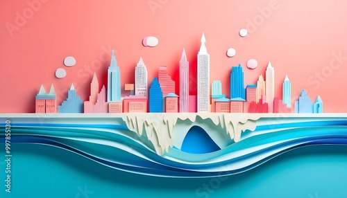 Concepts about environmental impact A melting glacier with a business city skyline in the background in layers of pastel paper.