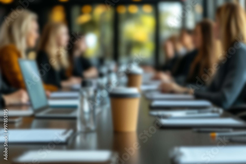 Wallpaper Mural Blurred View of Laptops, Notebooks, and Coffee Cups During a Productive Meeting Torontodigital.ca