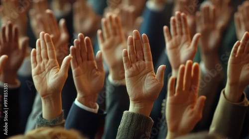 News from parliamentary meetings: voting on various issues, many hands raised in unison as a symbol of unity in decision-making.