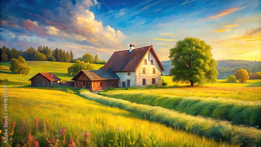 Extreme close-up impressionist art of a summer landscape with a farmhouse Extreme close-up impressionist art of a summer landscape with a farmhouse