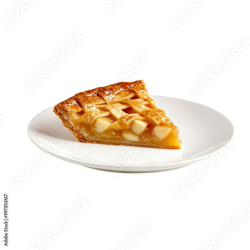 Apple pie served on a white plate, isolated to highlight its traditional presentation. PNG