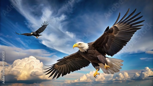 Extreme close-up of a black crow flying above a perched American bald eagle