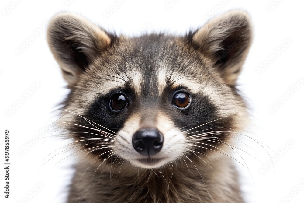 Extreme close-up of a cute raccoon, isolated on white background Extreme close-up of a cute raccoon, isolated on white background