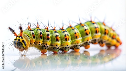 Extreme close-up of a cute caterpillar on plain white background