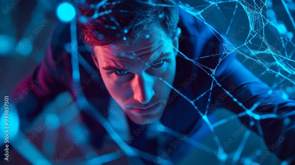Man trapped in Ponzi scheme web, illustrating financial fraud. Man trapped in Ponzi scheme web, illustrating financial fraud.