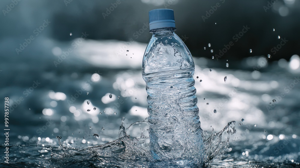 Small plastic water bottle with water splash background Small plastic water bottle with water splash background