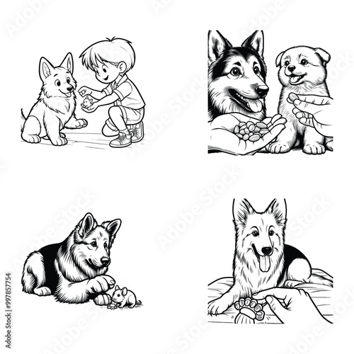 Coloring page simple black and white Piking German Shepherd