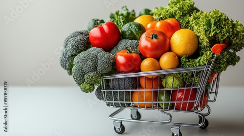 Shopping cart filled with fresh vegetables and fruits on a white background with copy space 