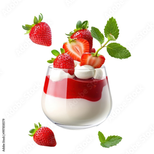 Panna cotta with strawberry topping flying, isolated on a white background, creating a fun and whimsical scene. PNG