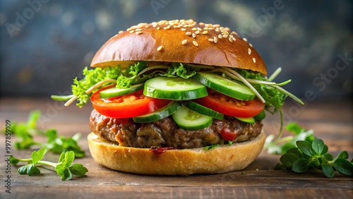 Extreme close-up of a vegetarian burger in a bun with cucumber, tomato, and microgreens photo