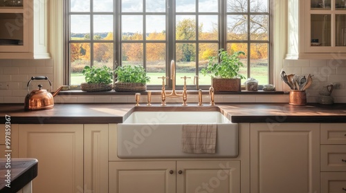 A picturesque kitchen with ivory shaker cabinets and a dark walnut countertop.