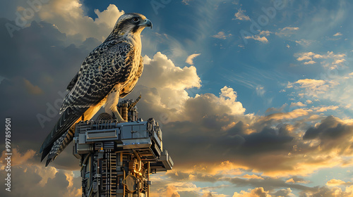 A beautiful falcon eagle sitting on a high altitude mountain tower. photo