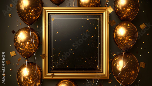 Elegant gold balloon frame with festive confetti and sparkles, perfect for luxury party invitations, event posters, or celebratory designs.
