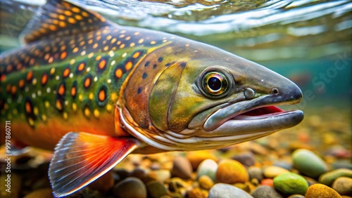 Extreme close-up of brook trout in Nishibetsu River, Hokkaido