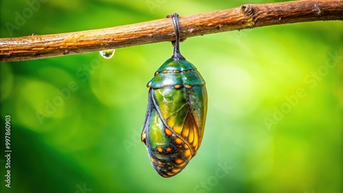 Extreme close-up of butterfly chrysalis hanging on branch