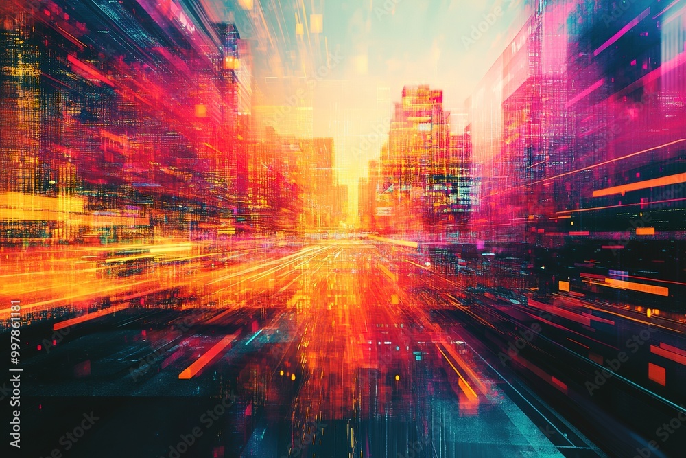 Vibrant glitched cityscape with dynamic light trails