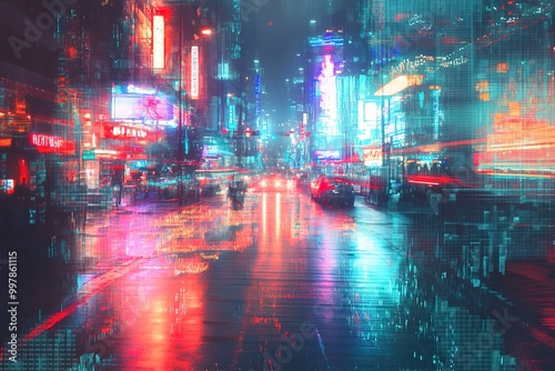 Neon-soaked street in glitch art style with reflections