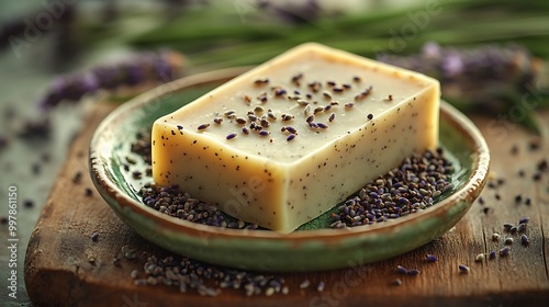 Hemp seed oil and lavender soap bar resting on a ceramic dish, cool green tones with lavender flowers scattered around, hemp seeds sprinkled on top, soft warm lighting, rustic wooden table setting,