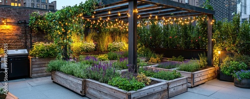 A rooftop garden oasis in a bustling city with raised beds of aromatic herbs and flowers, a pergola draped with climbing vines, and cozy, ambient lighting
