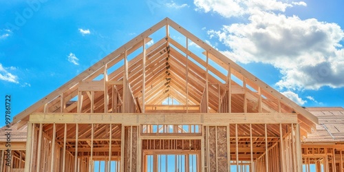 View of the blue sky and gabled roof of a stick-built house under construction. Brand-new roof with a post-and-beam, timber truss structure. A house with a timber frame.